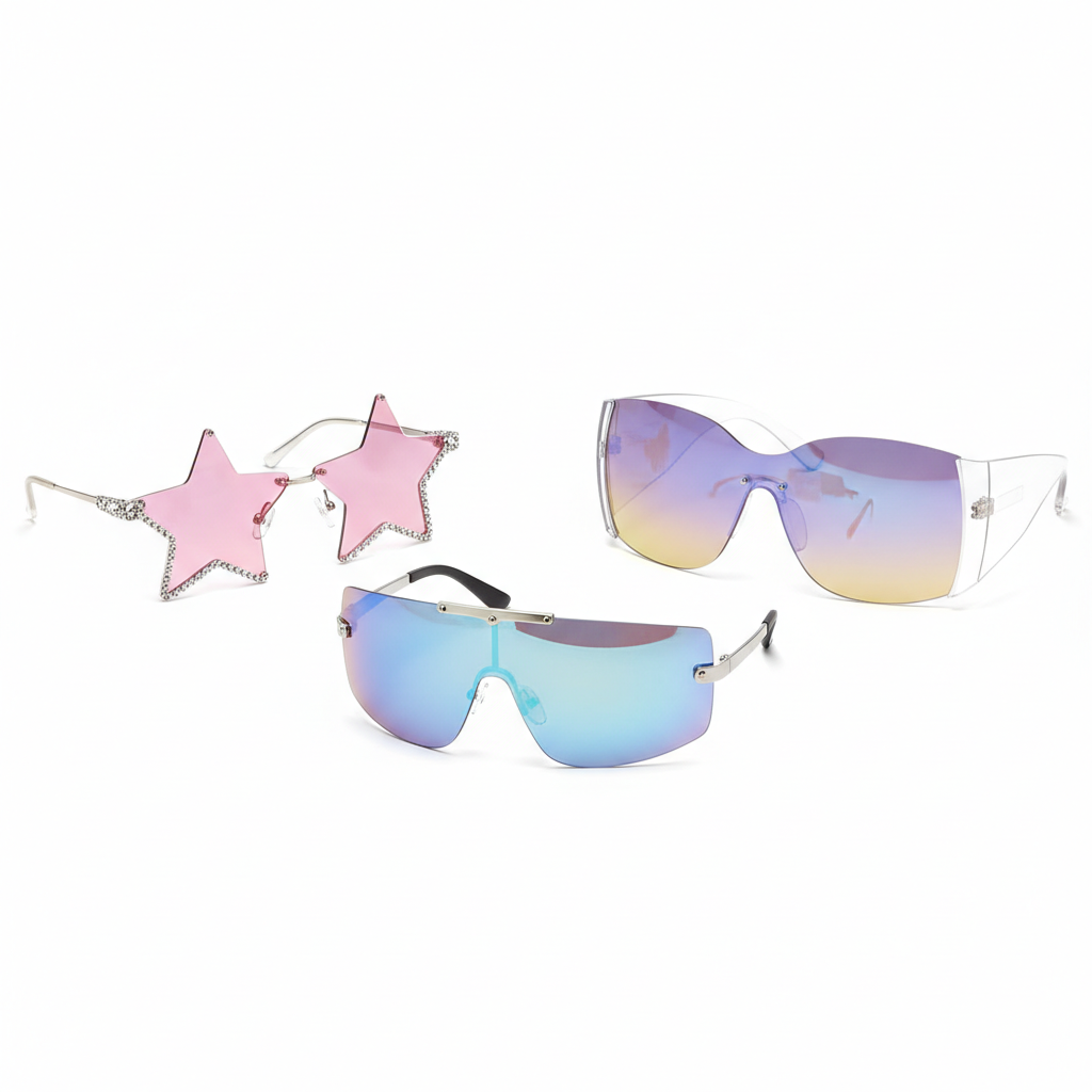 3 Pairs Y2K Sunglasses - Trendy Shield, Rimless Star