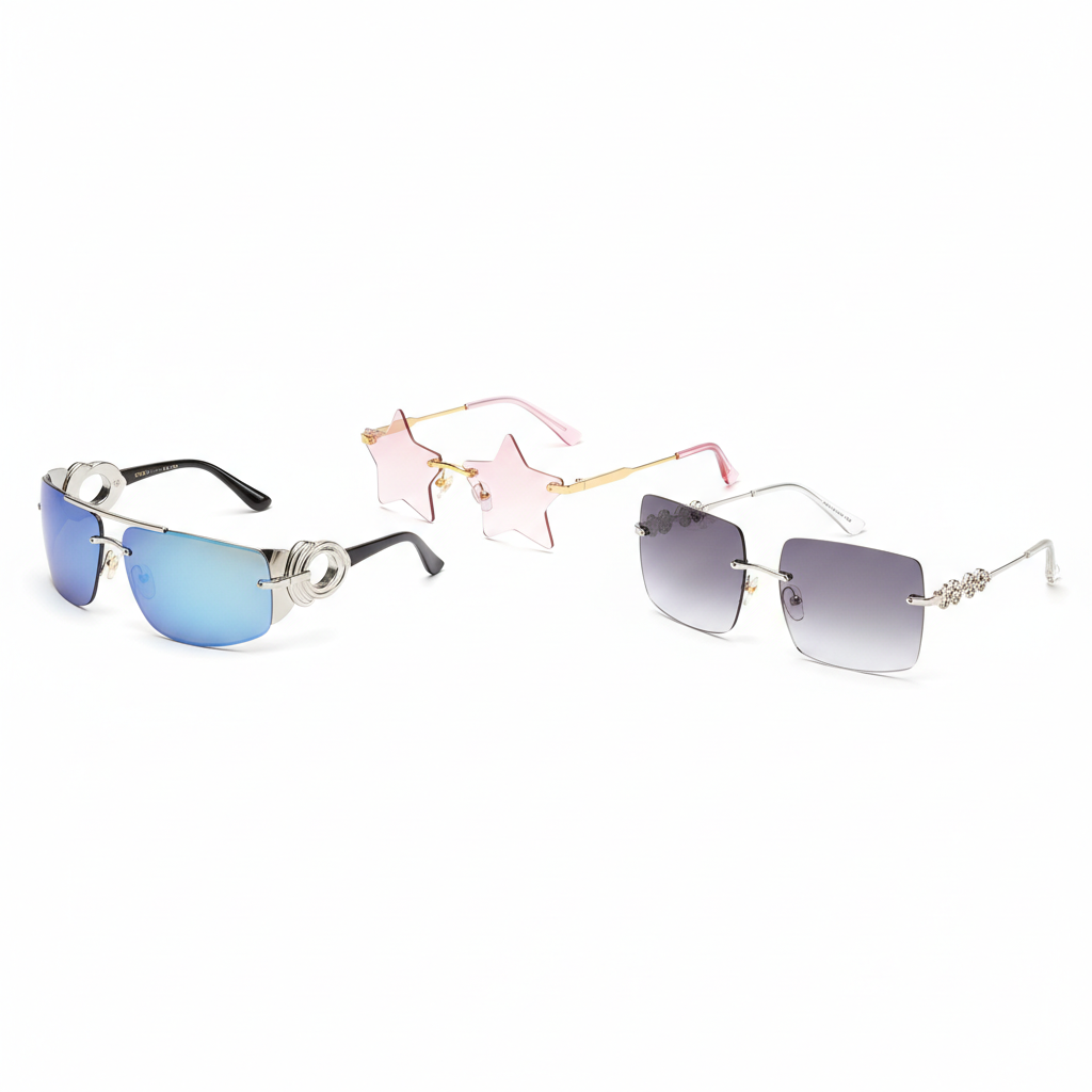3 Pairs Y2K Sunglasses - Trendy Shield, Rimless Star