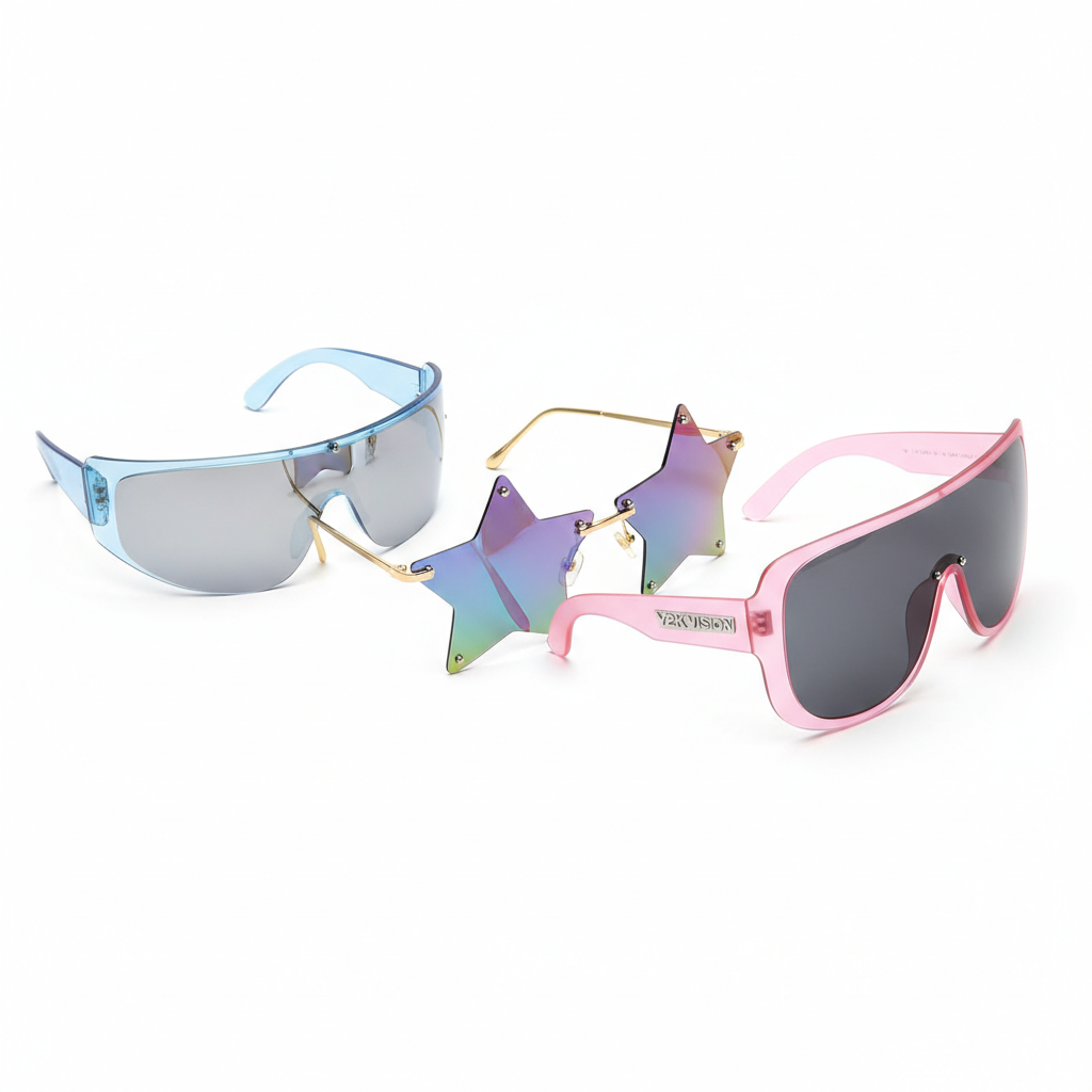 3 Pairs Y2K Sunglasses - Trendy Shield, Rimless Star