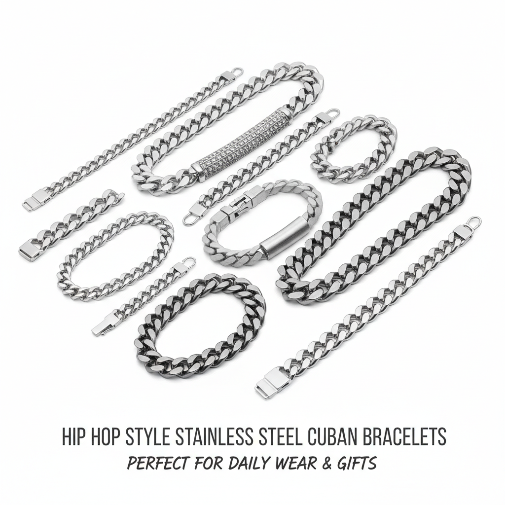 12pcs Hip Hop Cuban Bracelets - Stainless Steel Chain Set