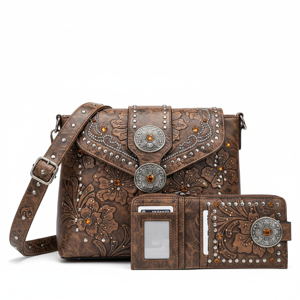 Western Rhinestone Floral Concho Purse Set